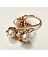 583 USSR Gold Set Jewelry Pearl Earrings &amp; Ring Solid Rose Gold 14KT Vin... - £670.17 GBP