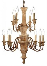 2-Tier Chandelier Turned Wood Hand-Carved, Oxidized Metal Beige,White - $1,249.00