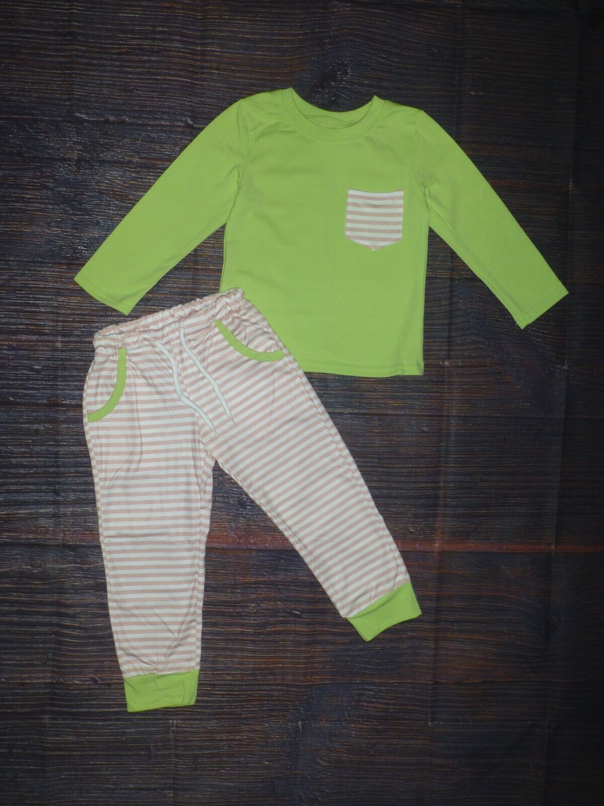 Primary image for NEW Boutique Boys Green Long Sleeve Shirt Striped Pants Outfit Set