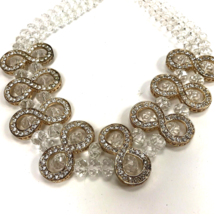 Chunky Statement Necklace Clear Glass Strands Rondelle Beads Rhinestone Glam - £23.04 GBP