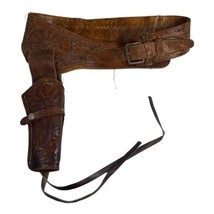 Tooled Western Leather Holster Gun Belt C22 22 gauge Quick Draw Mexico 36&quot; Brown - £74.73 GBP