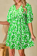 Green Floral Print Puff Half Sleeve V Neck Babydoll Dress - $18.92
