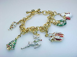 CHRISTMAS CHARM BRACELET in Gold Vermeil 925 Sterling Silver - 7 1/4 inches - £68.11 GBP