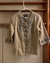 Bob Mackie Wearable Art Embroidered Festive Tan Jacket SZ Small Blue Bro... - $24.70