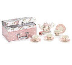 Child&#39;s Tea Set Porcelain Dainty Pink Roses, Polka Dot Saucers in Satin ... - £56.62 GBP