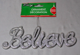 Merry Christmas Ornament Believe Sign Silver Glitter 7.5&quot; Long Plastic - £3.01 GBP