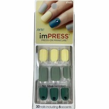 NEW Kiss Nails Impress Press On Manicure Short Gel Matte Green Yellow Gems - £10.29 GBP