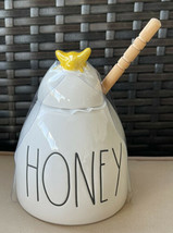 Magenta Rae Dunn Ceramic Yellow Bee Honey Pot With Wooden Stick New - $17.99