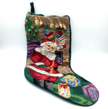 PETIT POINT handmade needlepoint Christmas stocking - Santa fireplace tr... - $25.00