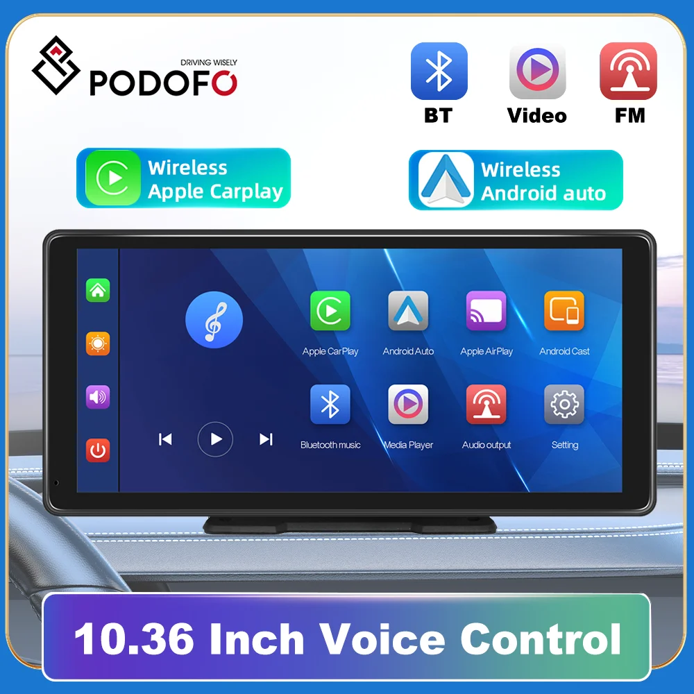 Podofo 10.36&quot; 2K Carplay Monitor Android Auto Car DVR WiFi GPS Airplay Suppport - £110.80 GBP+