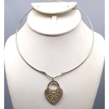 Heart Lock Crystal Pendant on Silver Tone Formed Collar Choker Necklace, Distres - £25.11 GBP