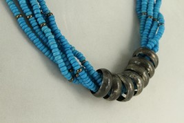 VINTAGE Bold Chunky Ethnic Dyed Blue Bead Multi Strand Silver Tone Ring Necklace - £18.09 GBP