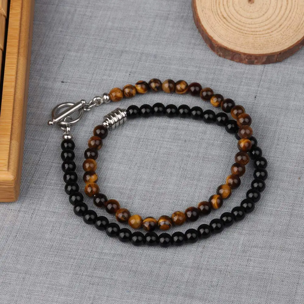 Natural Tiger Eye Stone Beaded Bracelet 6MM Beads Black Agate OT Buckle ... - £6.22 GBP