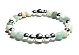 Natural Amazonite Beaded Bracelet, 6mm Gemstones, Silver Metallic Beads,... - €5,10 EUR