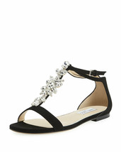 NIB 100% AUTH Jimmy Choo Averie Flat Embellished Suede T-Strap Sandals Sz 37 - £314.90 GBP