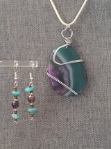 Agate Slice Pendant Wire Wrapped and Dangle Earring Set Teal Purple Reversible - £20.39 GBP