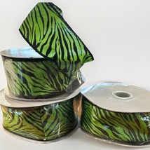 Zebra Print Ribbon Black Green Wired Edge Crafting Sewing Decorating 3 R... - $10.01