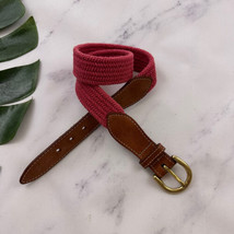 Lands End Vintage 90s Woven Stretchy Belt Size XS/S Pink Brown Leather Trim - £15.56 GBP
