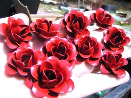 TEN metal RED rose flowers for accents, embellishments, crafting - £22.00 GBP