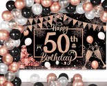 Rose Gold Black Happy 50Th Birthday Extra Large Background Banner With 5... - $17.99