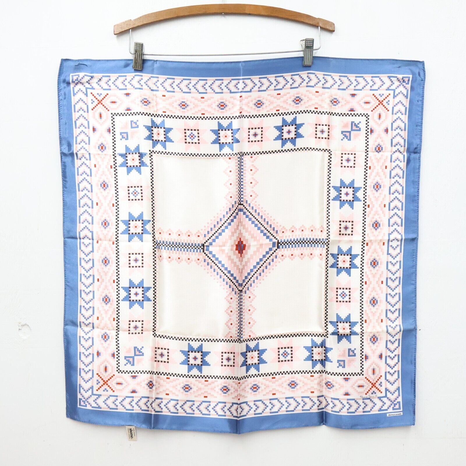 Primary image for Vtg Skemo Eleanor Paine Acetate Square Scarf Geometric Blue Pink 26x26"