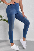 Navy Blue Skinny Elastic Waist Ankle Length Mid Waist Jeggings with Pockets - $23.19