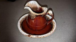 Vintage MCCoy #7515 Pitcher &amp; Bowl Set Brown Glaze Drip Pottery Made in ... - £54.79 GBP