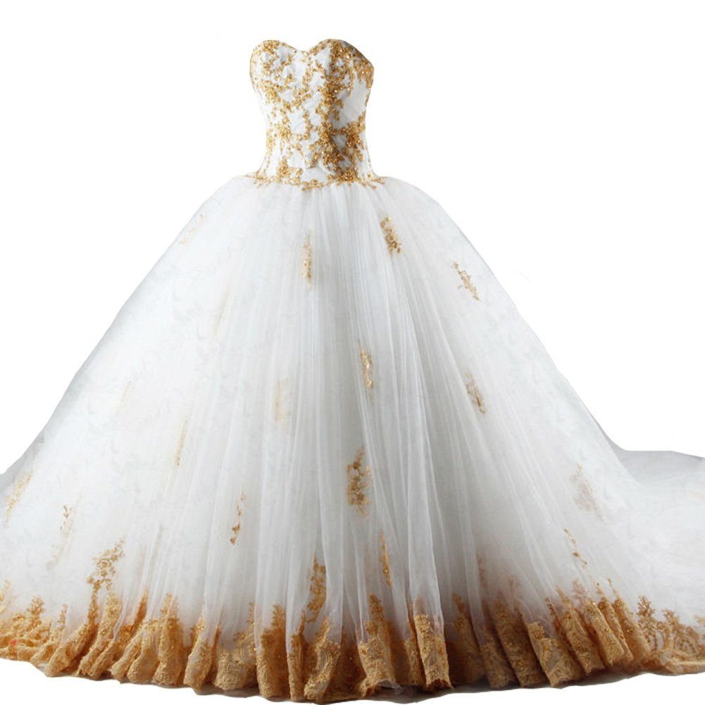 white wedding dress with gold beading Tulle Ball Gown Wedding Dresses With Gold Detail, SW390