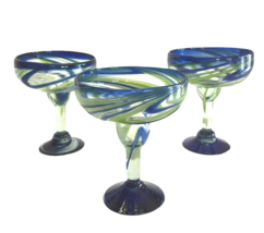 3 Margarita Glasses Blue &amp; Green Swirl Design Mexican Hand Blown Glass M... - $44.94