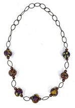 Vintage Hand Painted Abstract Design Chunky Wooden Wood Bead Necklace on Chain - £15.62 GBP