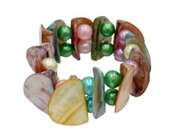 Abalone Rainbow Half Disc * Bead Elastic-Stretch Cuff Bracelet 1.25&quot; Wide Chunky - £8.60 GBP