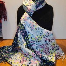 Teal White Ditsy Floral 2 Tone Fringed Lightweight Scarf - £11.86 GBP