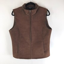 Lands End Womens Vest Full Zip Faux Suede Sherpa Lined Pockets Brown M - $24.08
