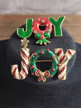 Brooch Pin Christmas Joy Enamel Gold Tone 2 Pieces Candy Cane Wreath Vintage - $12.55