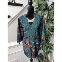 Denim 24/7 Tunic Top Womens 20W Green Paisley Lace Trim 3/4 Sleeve Button Front - $27.72