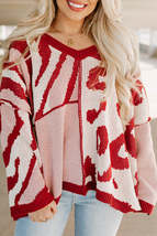 Red Mix Pattern Knit Ribbed Trim Oversize Sweater - £23.37 GBP+