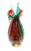 Gorgeous Murano Italy Art Glass Bubbles Ribbed Teal Red 9 1/2&quot; Vase With Label - £109.44 GBP