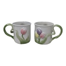 Pair of 2 Omnibus JAPAN 3D Embossed Spring Flowers Tulips Coffee Cup Mugs - £47.13 GBP