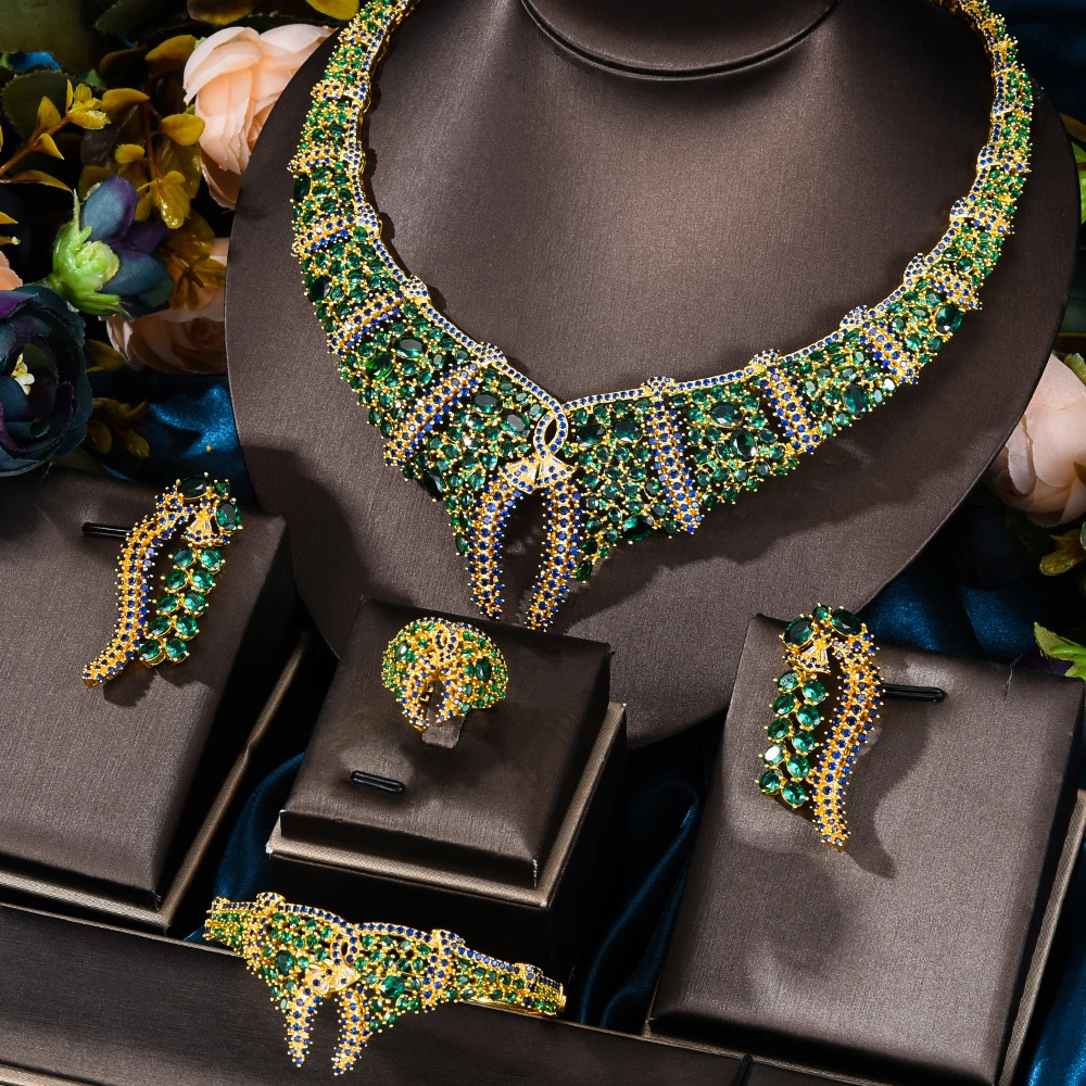 NEW ARRIVAL 4PCS Indian Jewelry set For Women Wedding Cubic Zircon Crystal Naija - £234.54 GBP