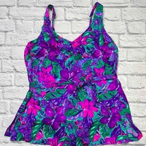 Vintage Maxine of Hollywood One Piece Swimdress Purple Teal Floral Size 20W Belt - £38.88 GBP