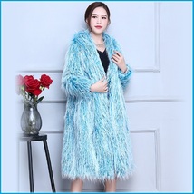 Shaggy Blue Long Hair Mongolian Sheep Faux Fur Long Length Hoded Winter Coat image 2