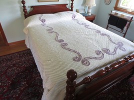 Purple Swirl On Off-White Plush Chenille Cotton Bedspread Cutter - 72&quot; X 104&quot; - £27.33 GBP