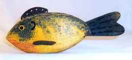 Vintage Carved Wood &amp; Metal Green Yellow &amp; Orange Colors Folk Art Fish Decoy - £86.14 GBP