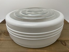 Vtg Round Milk Glass &amp; Clear Ceiling Light Shade Cover 10” Ribbed Tiered Pattern - £49.75 GBP