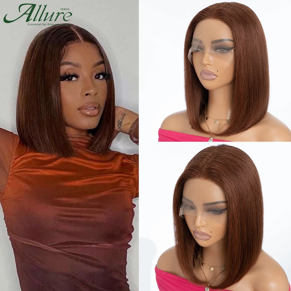 Chocolate Brown Short Bob Human Hair Wigs Colored Straight Bob Lace Front Wi - £65.00 GBP