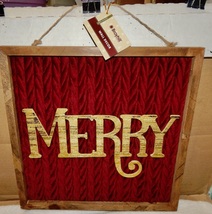 Christmas Wall Decor Merry 14&quot; x 14&quot; x 3/4&quot; Wooden Sign Red Velvet Backi... - $14.49