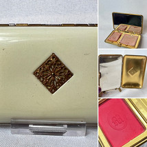 Art Deco Mondaine Compact Gold Tone /Off-White Enamel Rouge &amp; Powder Box - £71.09 GBP