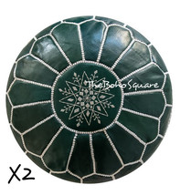 Set Of 2 Handmade &amp; Hand-Stitched Moroccan Pouf, Genuine Leather, Dark Green  - £100.90 GBP