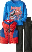 MARVEL Spider-Man 2 Toddler Boys 3pc Set  Zip Front Vest,Shirt&amp;Jeans-Red/Blue 2T - £23.22 GBP
