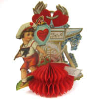 Antique Valentine Honeycomb 3D Pop Up Die cut Boy Sailor Suit Lantern &amp; Tools - £19.51 GBP